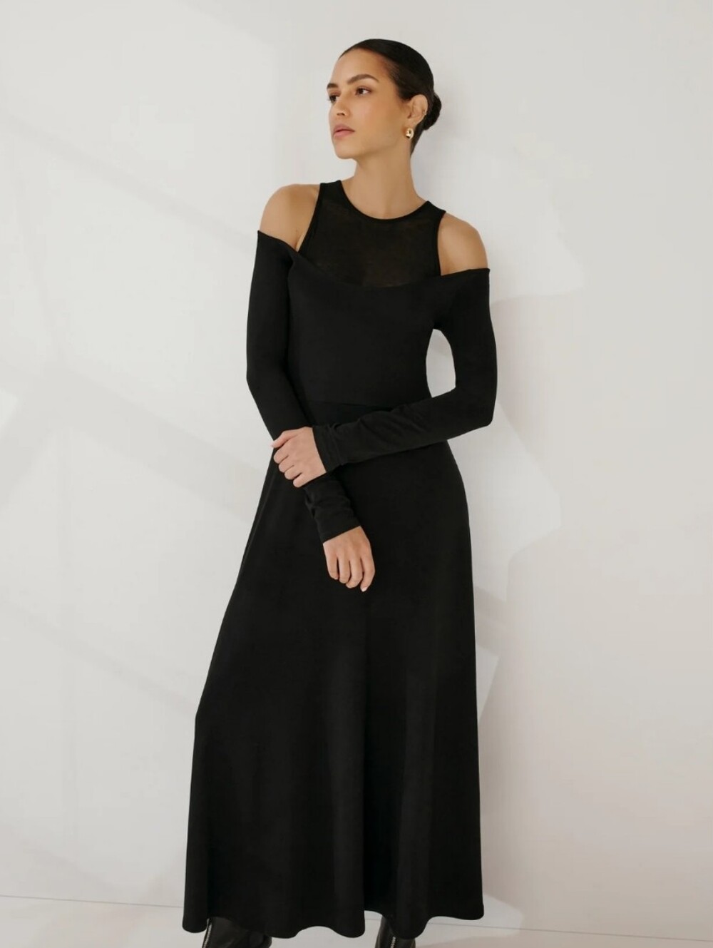 MARCELLA Black Long-Sleeve Maxi Dress with Scoop Neck